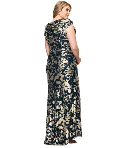 Betsy & Adam Plus Size Metallic Print Cowlneck Gown In Navy,gold