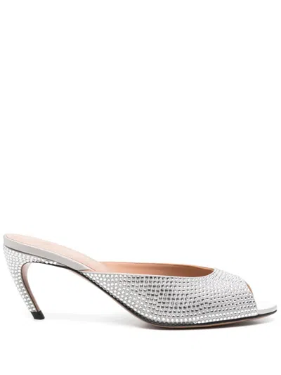 Attico Ada Silver Hotfixed Synthetic Satin Mules In Metallic