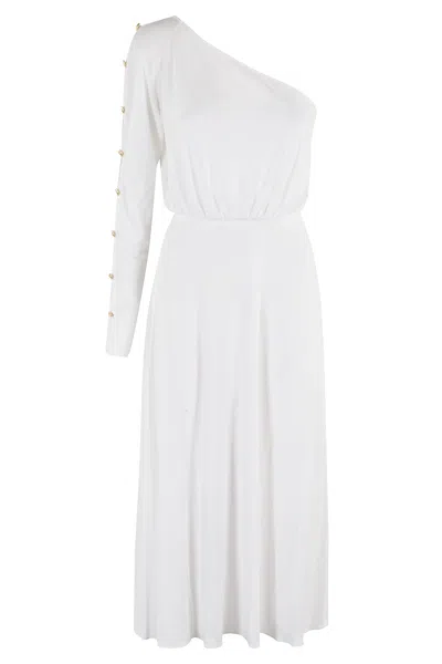 Elisabetta Franchi One-shoulder Dress In Jersey Fabric With Buttons In Avorio