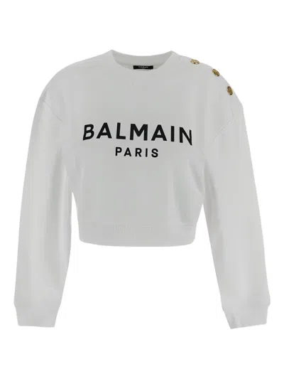 Balmain Cropped Sweatshirt With Logo Print And Buttons In White