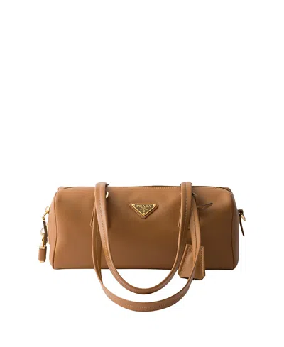 Prada Medium Leather Top-handle Bag With Padlock In Brown