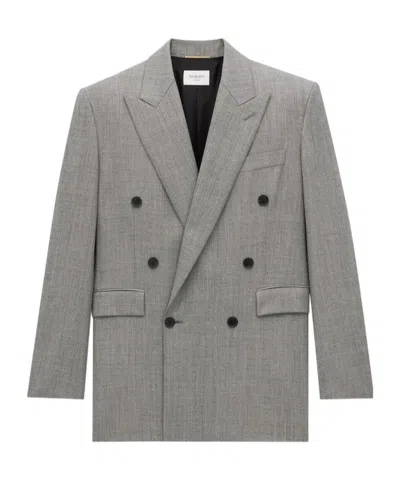 Saint Laurent Double-breasted Wool-twill Blazer In Gray