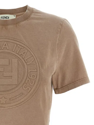 Fendi Beige Washed-out Cropped T-shirt With Logo In Neutral