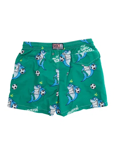 Mc2 Saint Barth Jean Lighting Green Swim Shorts With Elastic Drawstring Waist And All-over Print In Tech Fabric Boy In Green