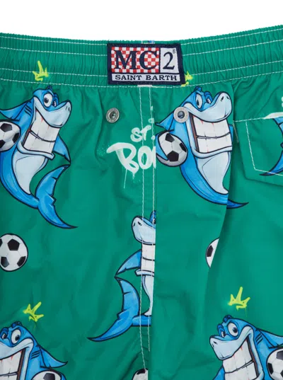 Mc2 Saint Barth Jean Lighting Green Swim Shorts With Elastic Drawstring Waist And All-over Print In Tech Fabric Boy In Green