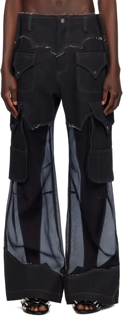 Andersson Bell Black Sheer Denim Cargo Pants In Black