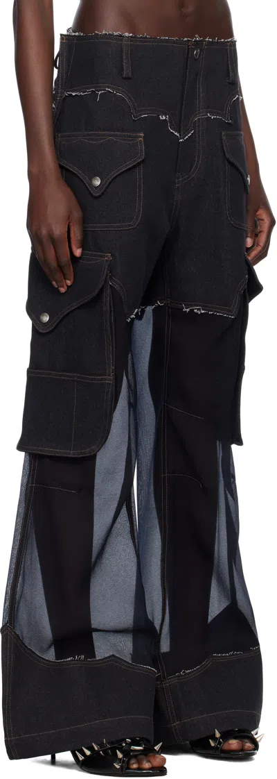 Andersson Bell Black Sheer Denim Cargo Pants In Black