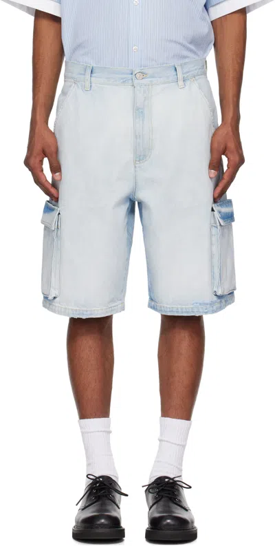 Le Pere Blue Star Drover Denim Cargo Shorts In Faded Blue