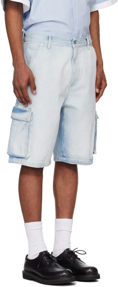 Le Pere Blue Star Drover Denim Cargo Shorts In Faded Blue