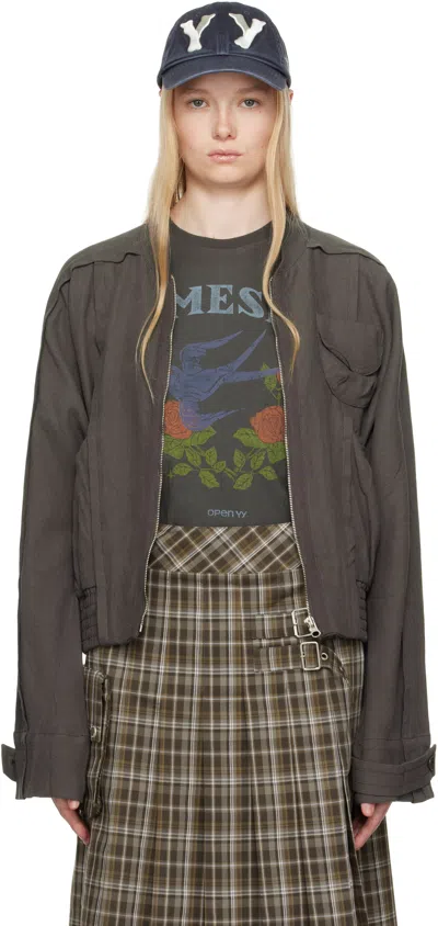 Open Yy Gray Linen Paneled Bomber Jacket In Charcoal