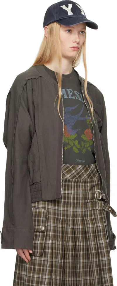Open Yy Gray Linen Paneled Bomber Jacket In Charcoal