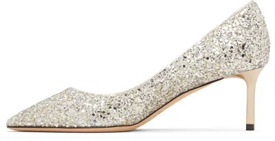 Jimmy Choo Romy 85 Glitter Pumps In Silver Leather In Champagne