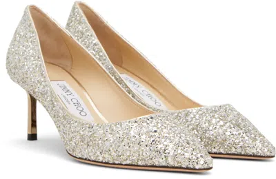 Jimmy Choo Romy 85 Glitter Pumps In Silver Leather In Champagne