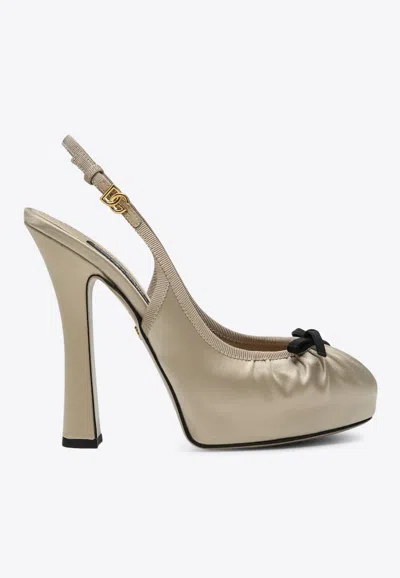 Dolce & Gabbana Bow-embellished Grosgrain-trimmed Satin Slingback Pumps In Beige