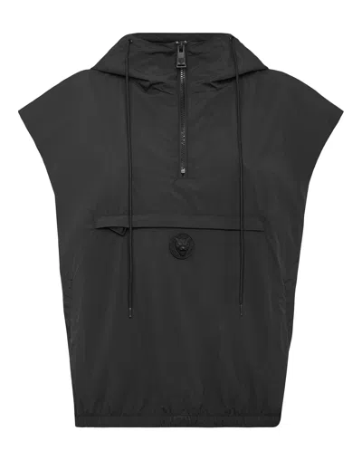 Plein Sport Hooded Zipped Vest With Pockets In Black