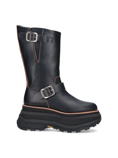 Sacai Leather Platform Biker Boots In Black