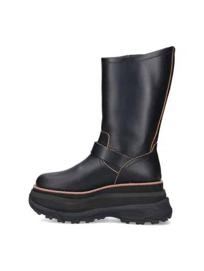 Sacai Leather Platform Biker Boots In Black