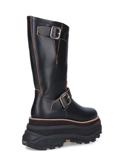 Sacai Leather Platform Biker Boots In Black