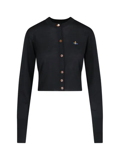 Vivienne Westwood Bea Black Cropped Cardigan With Round Neck And Front Orb Embroidery In Cotton Woman In Black