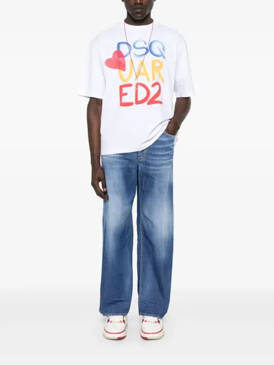 Dsquared2 White Round Neck T‑shirt With Printed Maxi Logo On The Front And Heart Detail In White