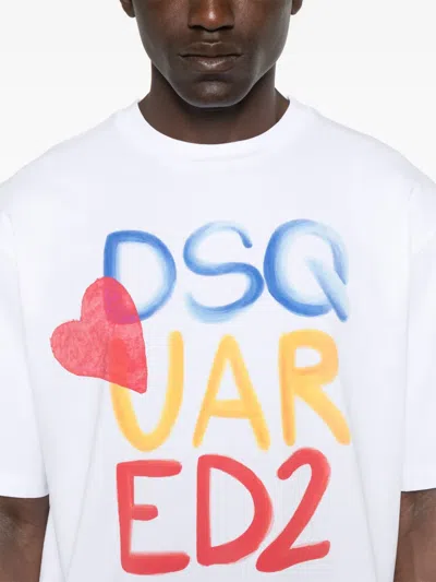 Dsquared2 White Round Neck T‑shirt With Printed Maxi Logo On The Front And Heart Detail In White