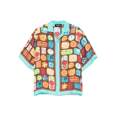 Dsquared2 Multicolor Shirt With Cuban Collar And All-over Printed Motif In Brown/blue