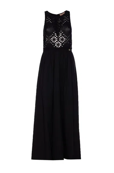 Twinset Crochet-panelled Maxi Dress In Black
