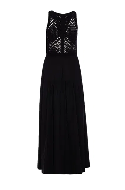 Twinset Crochet-panelled Maxi Dress In Black