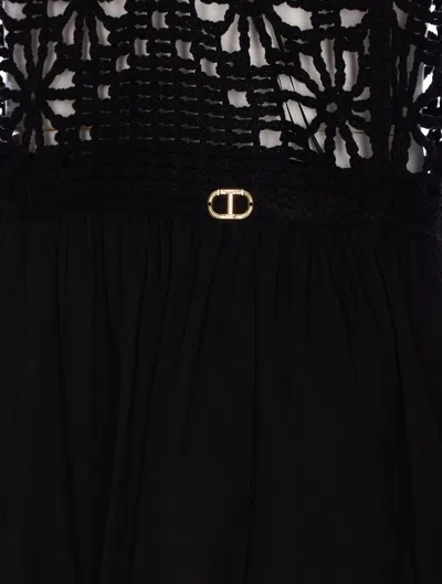 Twinset Crochet-panelled Maxi Dress In Black