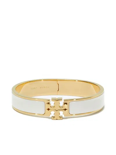 Tory Burch Kira White Bracelet With Logo Plaque Closure In 18k Gold-plleated Brass Blend Woman In Gold