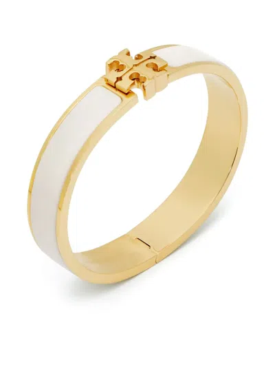 Tory Burch Kira White Bracelet With Logo Plaque Closure In 18k Gold-plleated Brass Blend Woman In Gold