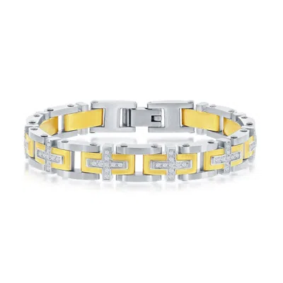 Blackjack Mens Stainless Steel Two-tone Cz Cross Link Bracelet In Gold