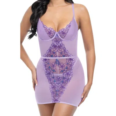 Oh La La Cheri Lavender Underwire Chemise & G-string Set In Graphic Garden 041/lavendula