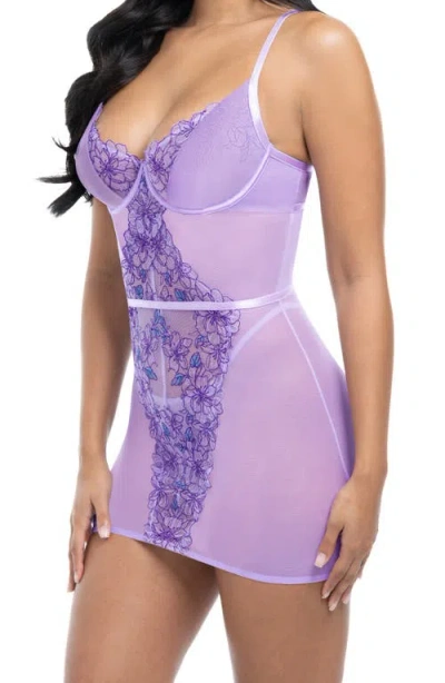 Oh La La Cheri Lavender Underwire Chemise & G-string Set In Graphic Garden 041/lavendula