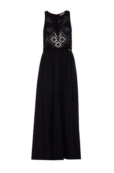 Twinset Crochet-panelled Maxi Dress In Black