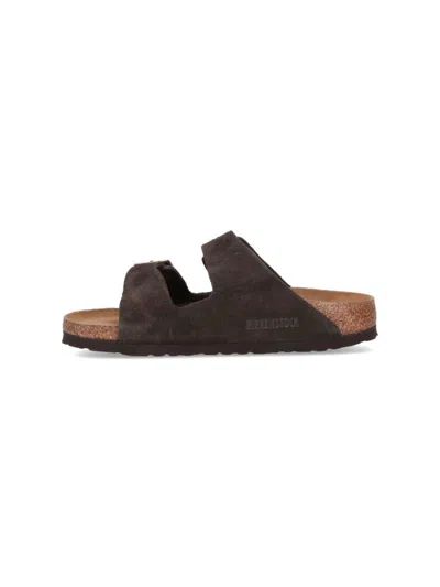 Birkenstock Brown Slip-on Sandals With Engraved Logo In Leather And Cork Man In Brown