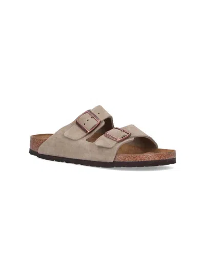 Birkenstock Arizona Slippers In Grey Suede In Beige