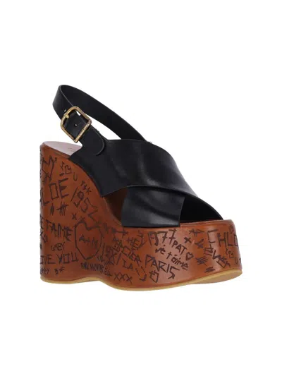 Chloé Maxime Leather Slingback Platform Wedge Sandals In Black