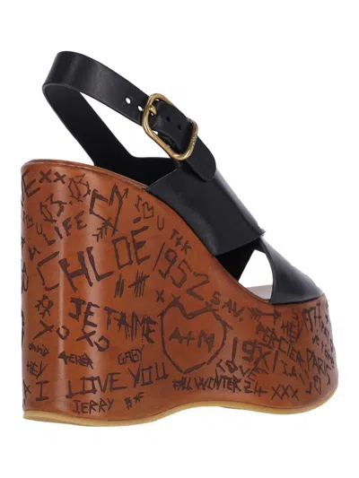 Chloé Maxime Leather Slingback Platform Wedge Sandals In Black