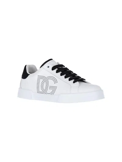 Dolce & Gabbana White And Black Leather Sneakers In White