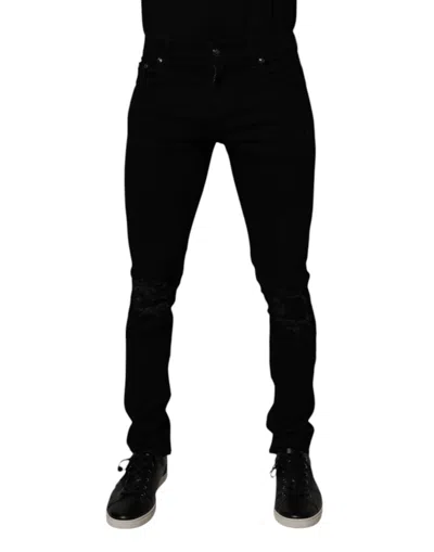Dolce & Gabbana Black Tattered Cotton Skinny Men Denim Jeans In Black
