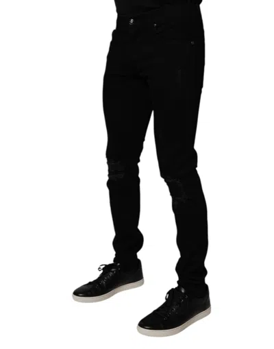 Dolce & Gabbana Black Tattered Cotton Skinny Men Denim Jeans In Black
