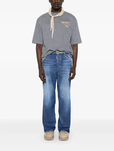 Dsquared2 Summer Lovers Linen T-shirt Striped Pattern In 蓝色