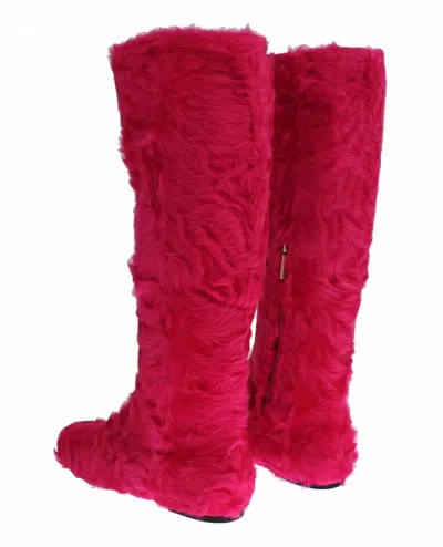 Dolce & Gabbana Pink Lamb Fur Leather Flat Boots Shoes In Pink
