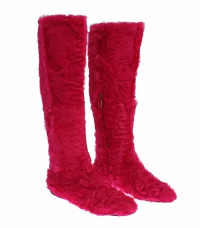 Dolce & Gabbana Pink Lamb Fur Leather Flat Boots Shoes In Pink