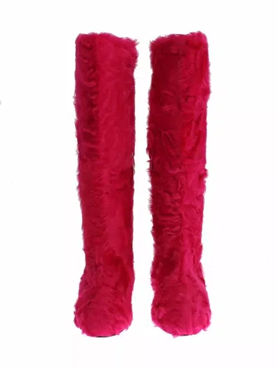 Dolce & Gabbana Pink Lamb Fur Leather Flat Boots Shoes In Pink