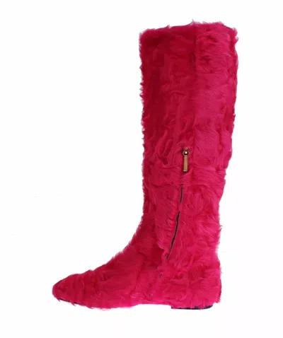 Dolce & Gabbana Pink Lamb Fur Leather Flat Boots Shoes In Pink