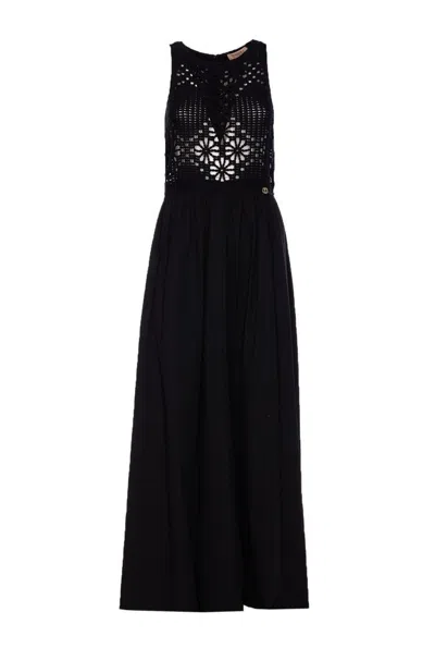 Twinset Crochet-panelled Maxi Dress In Black