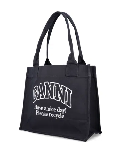 Ganni Black Shopper With Embroidered Logo On The Front In Denim Woman In Black
