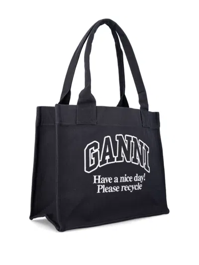 Ganni Black Shopper With Embroidered Logo On The Front In Denim Woman In Black